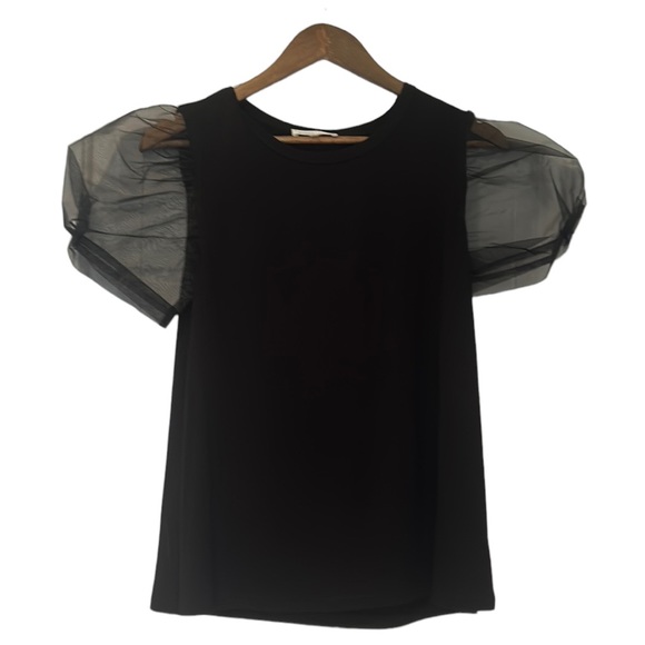 Sugarlips Tops - Sugar + Lips Black Sheer Puff Sleeve Black Top